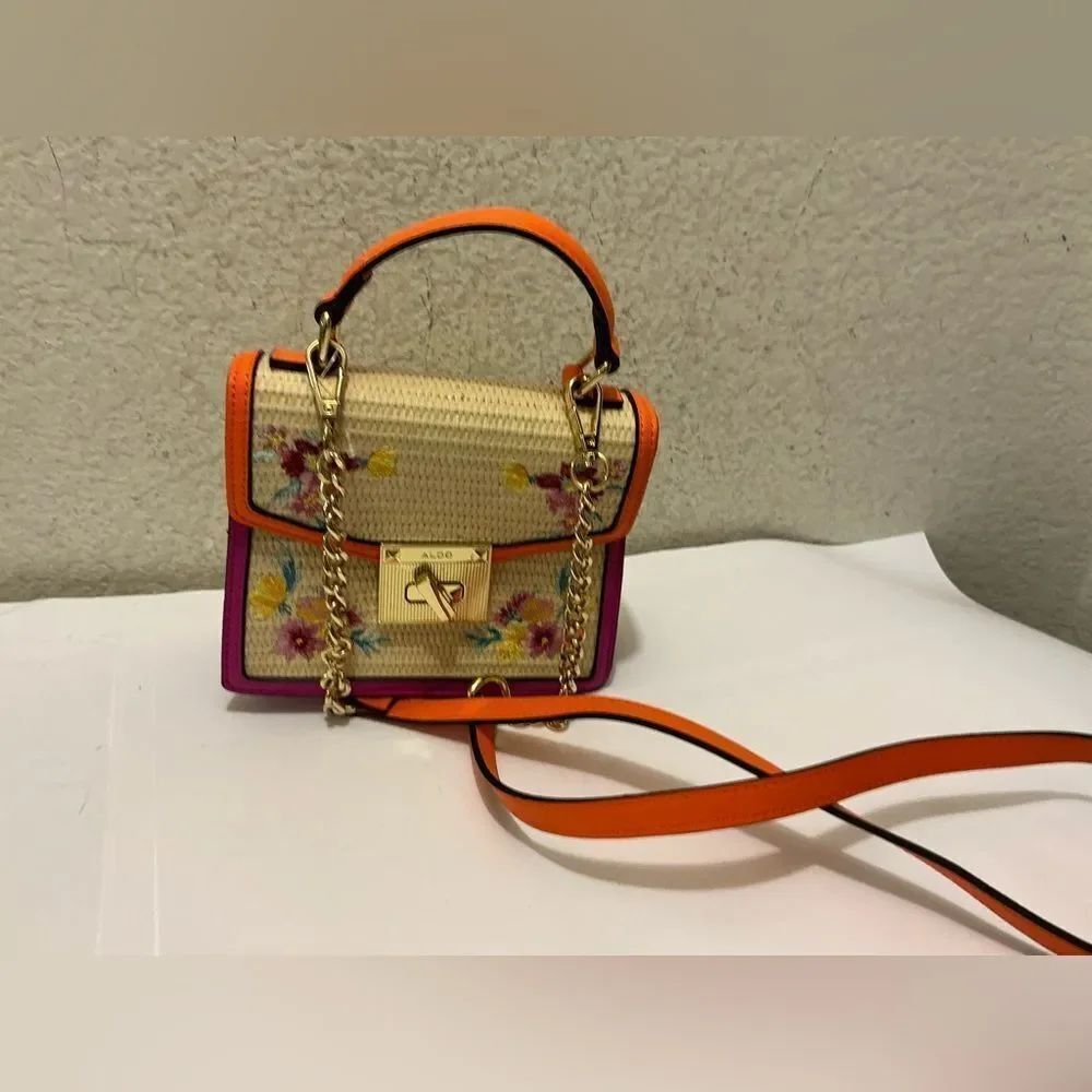 New Aldo Multicolor Floral Embroidered Raffia Bag